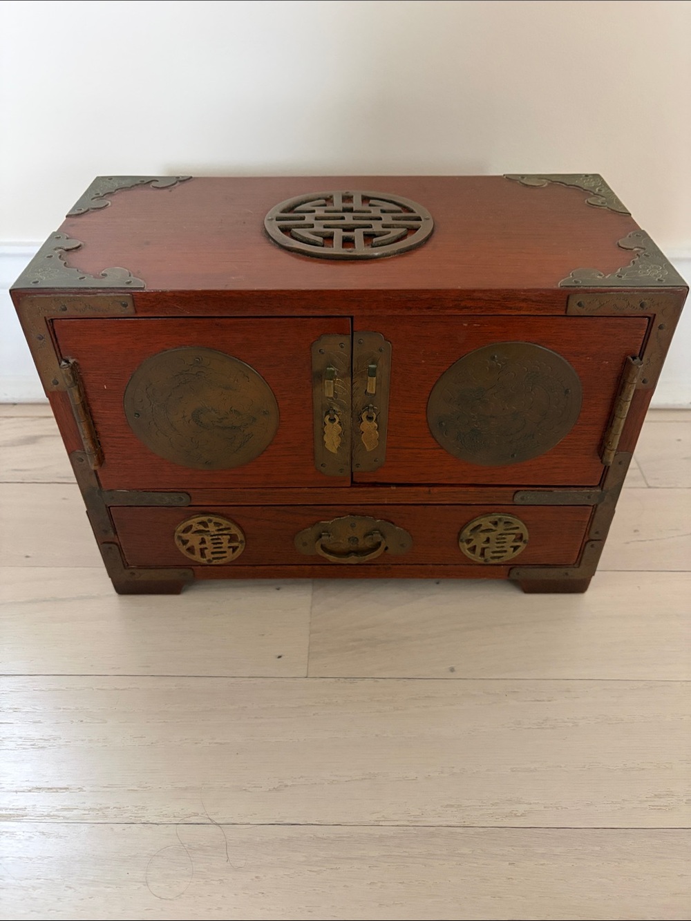 Vintage Chinese Chinoiserie Brass Mounted Rosewood Jewelry Box